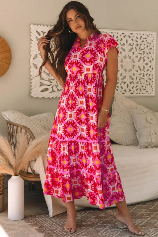 Strawberry Pink Geo Print V-neck Maxi Dress made by eAura