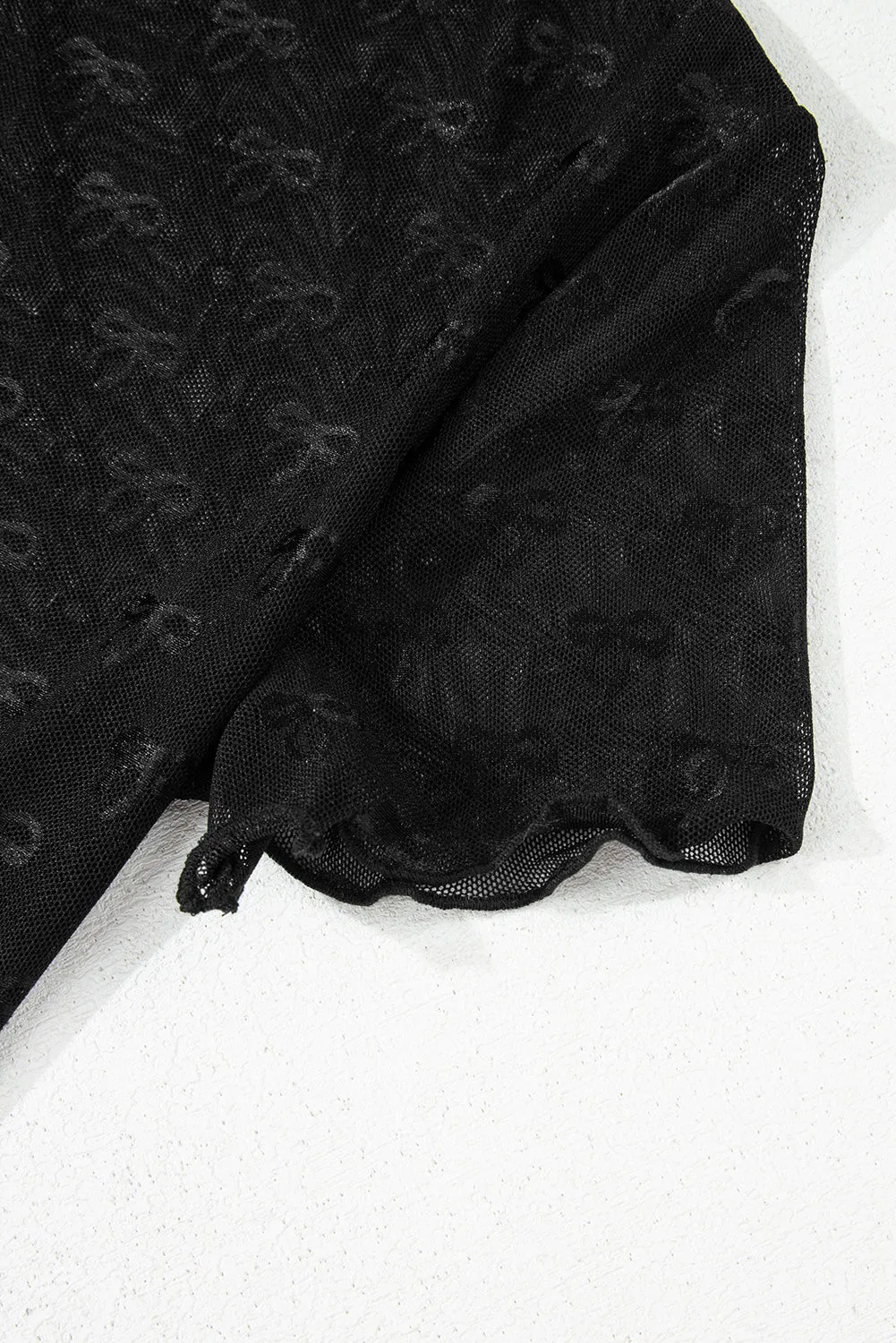 Black Bowknot Sheer Mesh Mock Neck Lettuce Trim Short Sleeve Top sold by eAura product image thumbnail 5