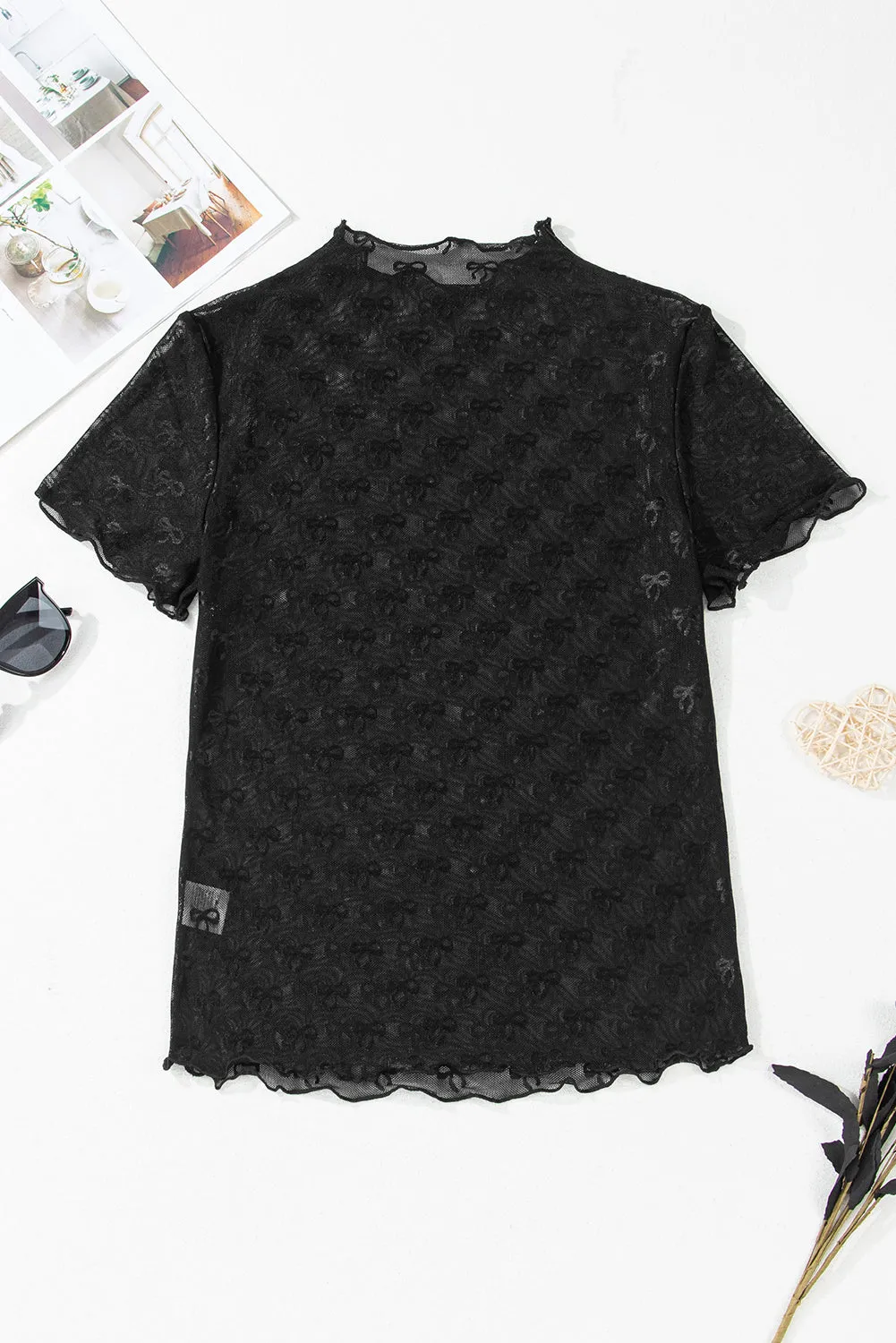Black Bowknot Sheer Mesh Mock Neck Lettuce Trim Short Sleeve Top sold by eAura product image thumbnail 4