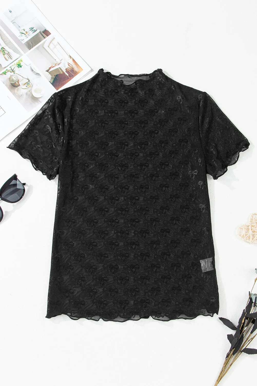 Black Bowknot Sheer Mesh Mock Neck Lettuce Trim Short Sleeve Top sold by eAura product image thumbnail 3