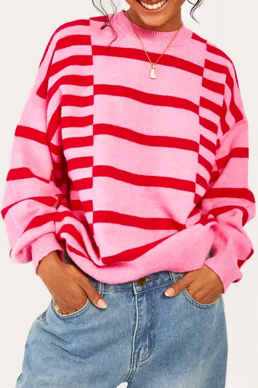 Pink Stripe Bubble Sleeve Drop Shoulder Ribbed Trim Sweater sold by eAura