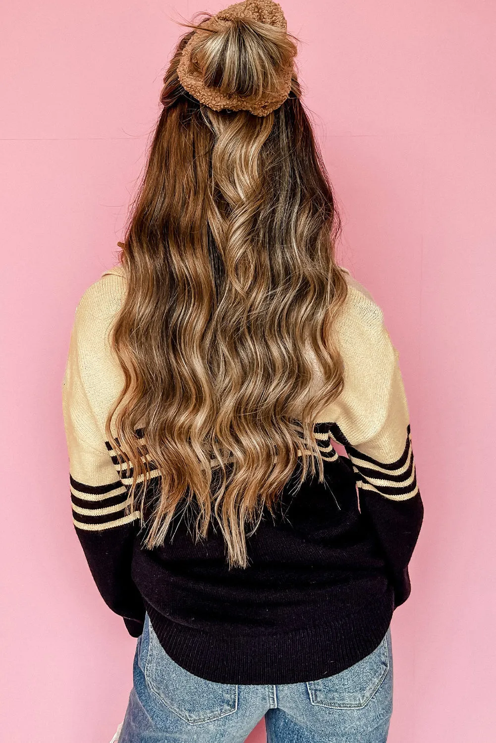 Black Colourblock Stripe Collared V Neck Sweater sold by eAura product image thumbnail 2