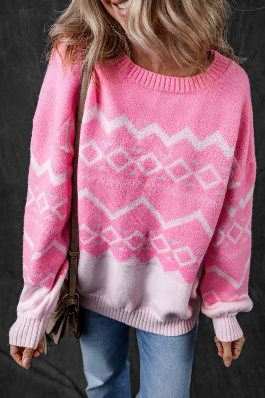 Pink Western Aztec Geometric Drop Shoulder Sweater sold by eAura