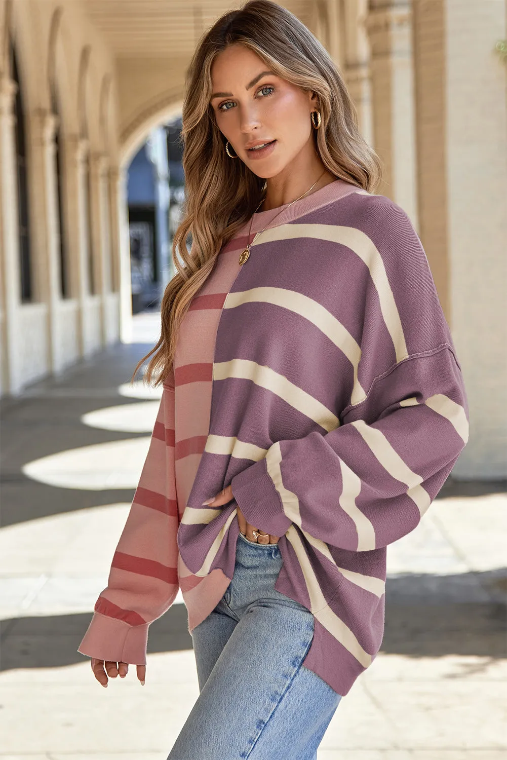 Pink Stripe Colourblock Oversized Sweater sold by eAura product image thumbnail 3