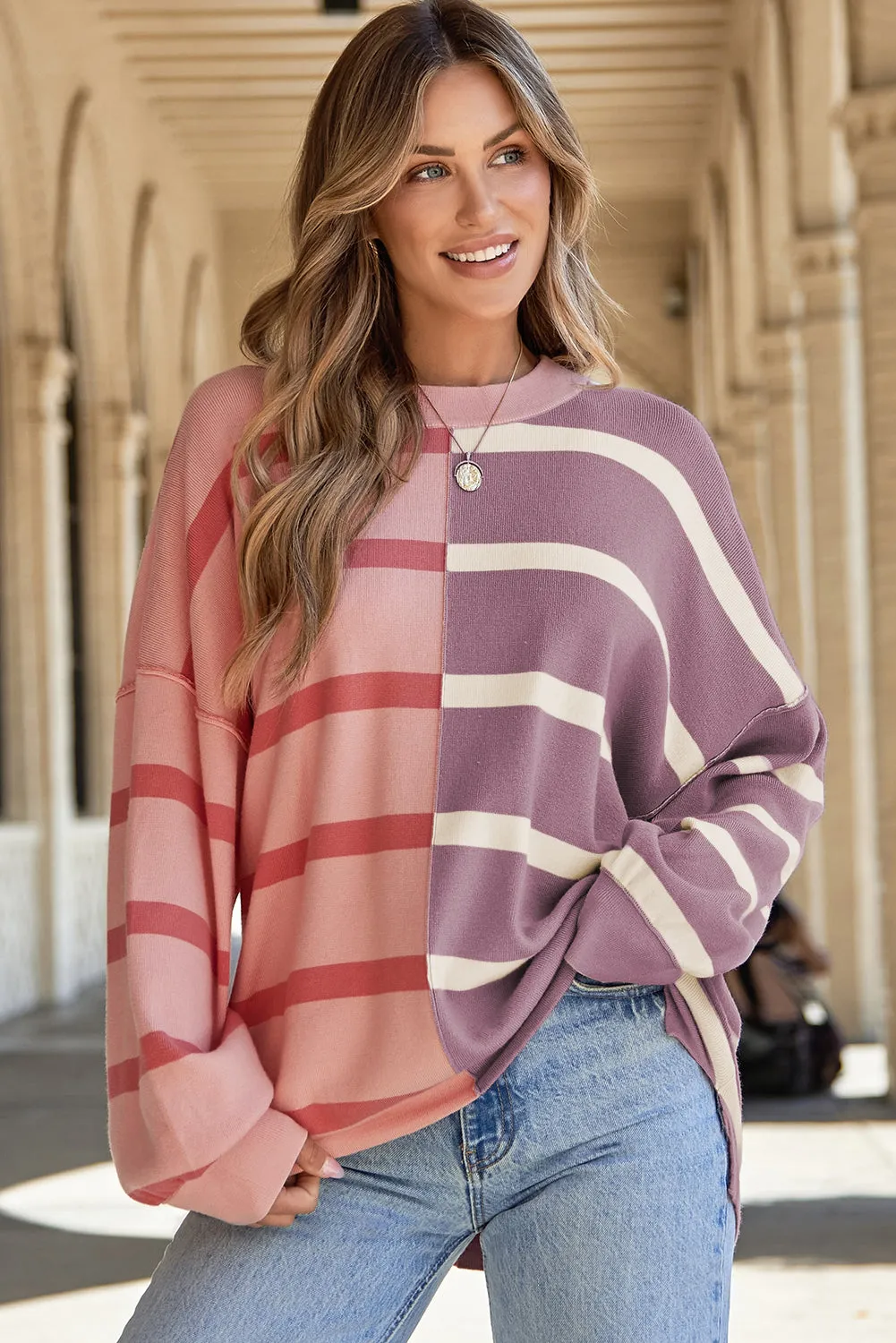 Pink Stripe Colourblock Oversized Sweater sold by eAura product image thumbnail 4