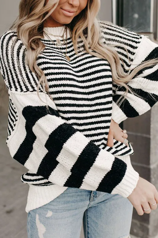 Black white Striped Drop Shoulder Bishop Sleeve Knit Sweater sold by eAura