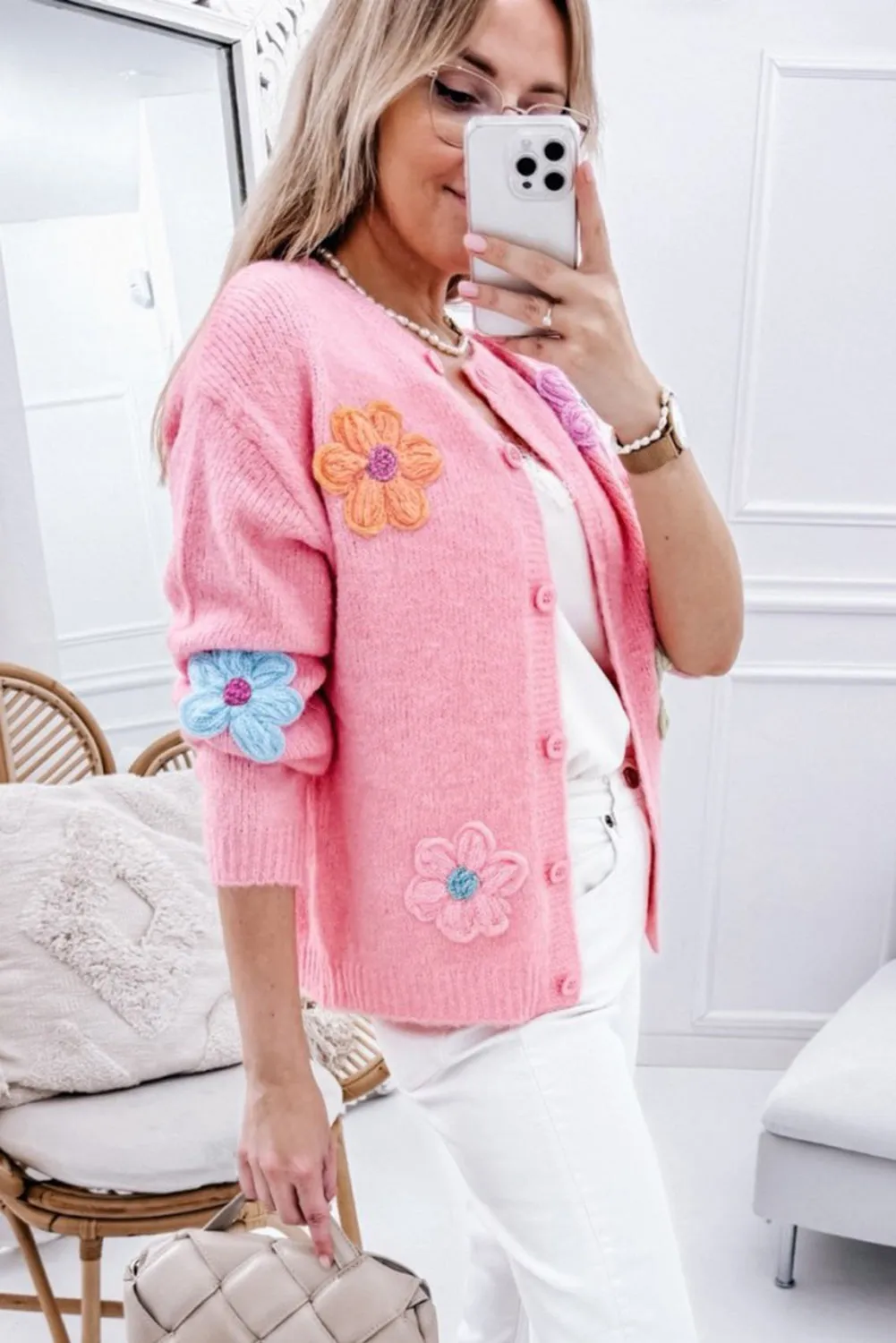 Pink Cute Knitted Floral Pattern Button Up Cardigan sold by eAura product image thumbnail 2