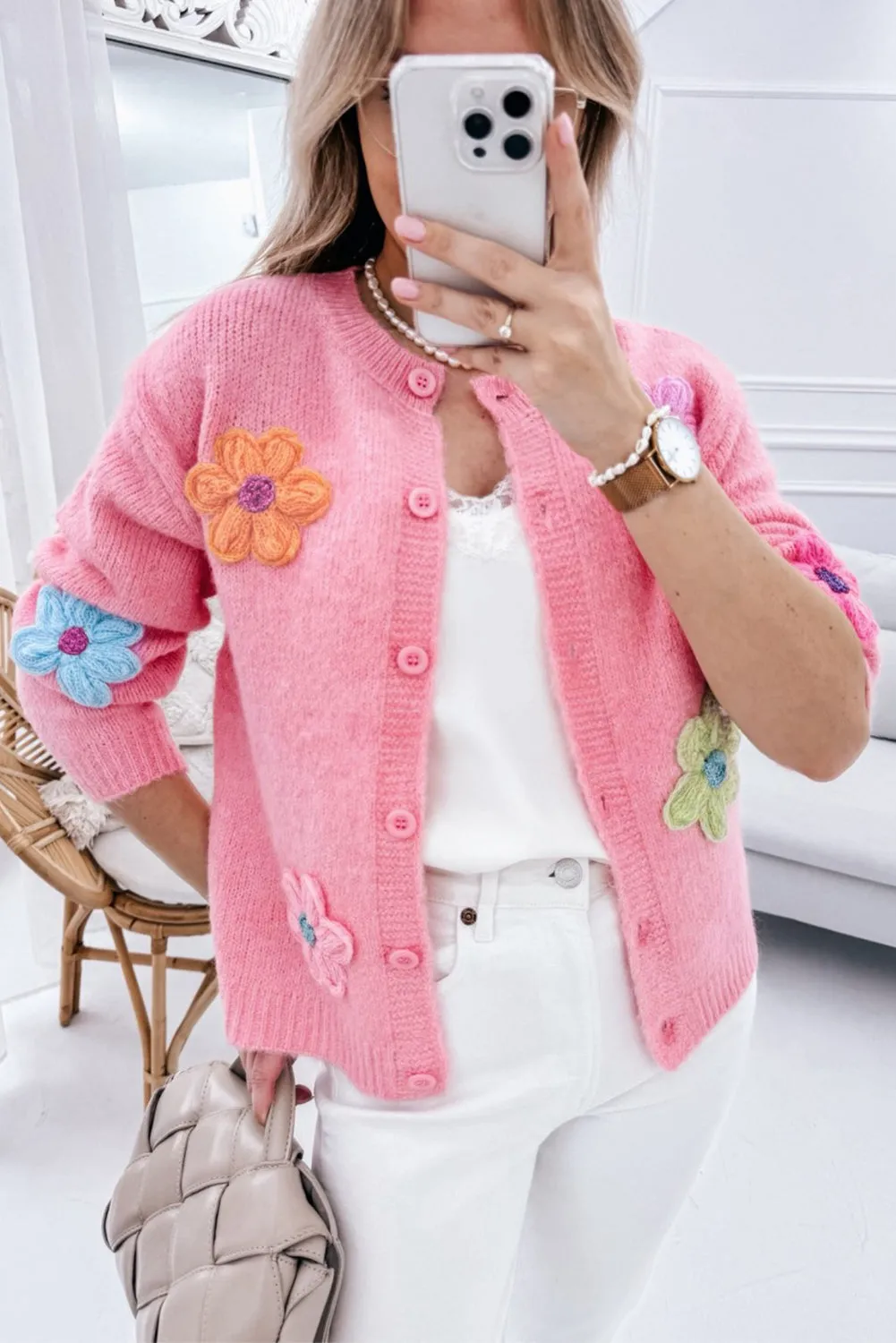 Pink Cute Knitted Floral Pattern Button Up Cardigan sold by eAura product image thumbnail 4