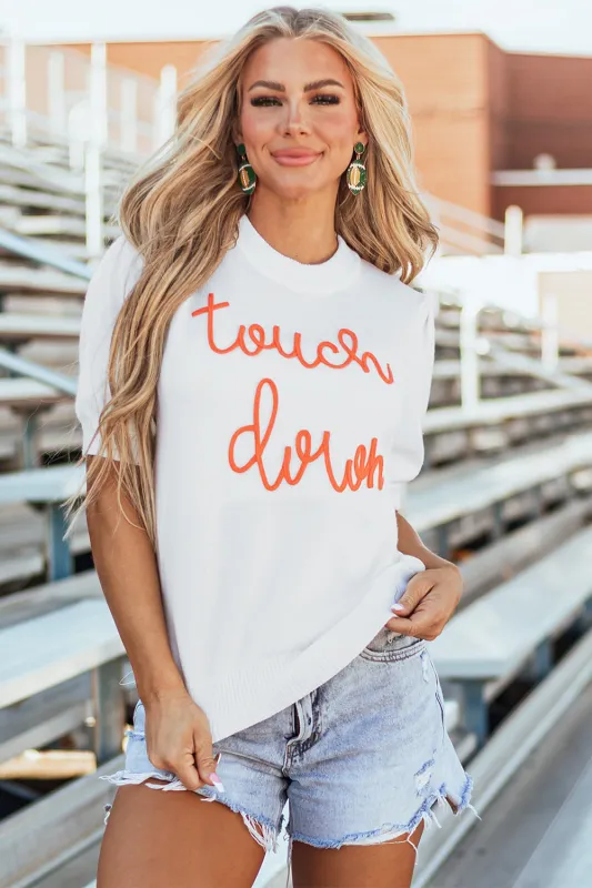 White Touchdown Tinsel Puff Short Sleeve Crew Neck Sweater sold by eAura