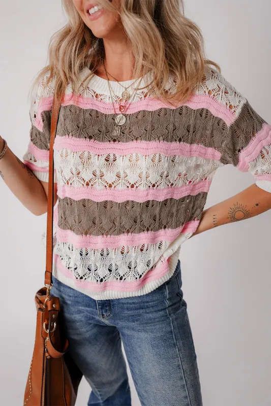Brown Stripe Colour Block Hollow Out Crochet Half Sleeve Sweater sold by eAura