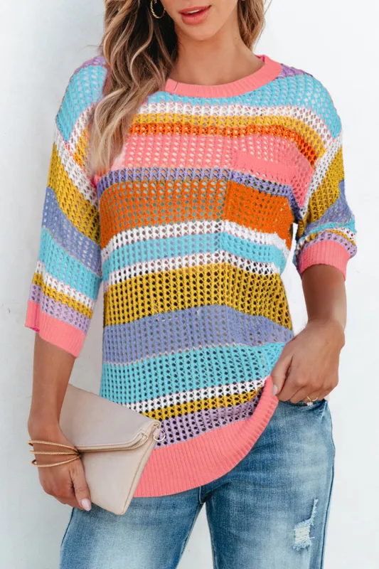 Pink Stripe Colourblock Hollowed Crochet 3/4 Sleeve Sweater sold by eAura