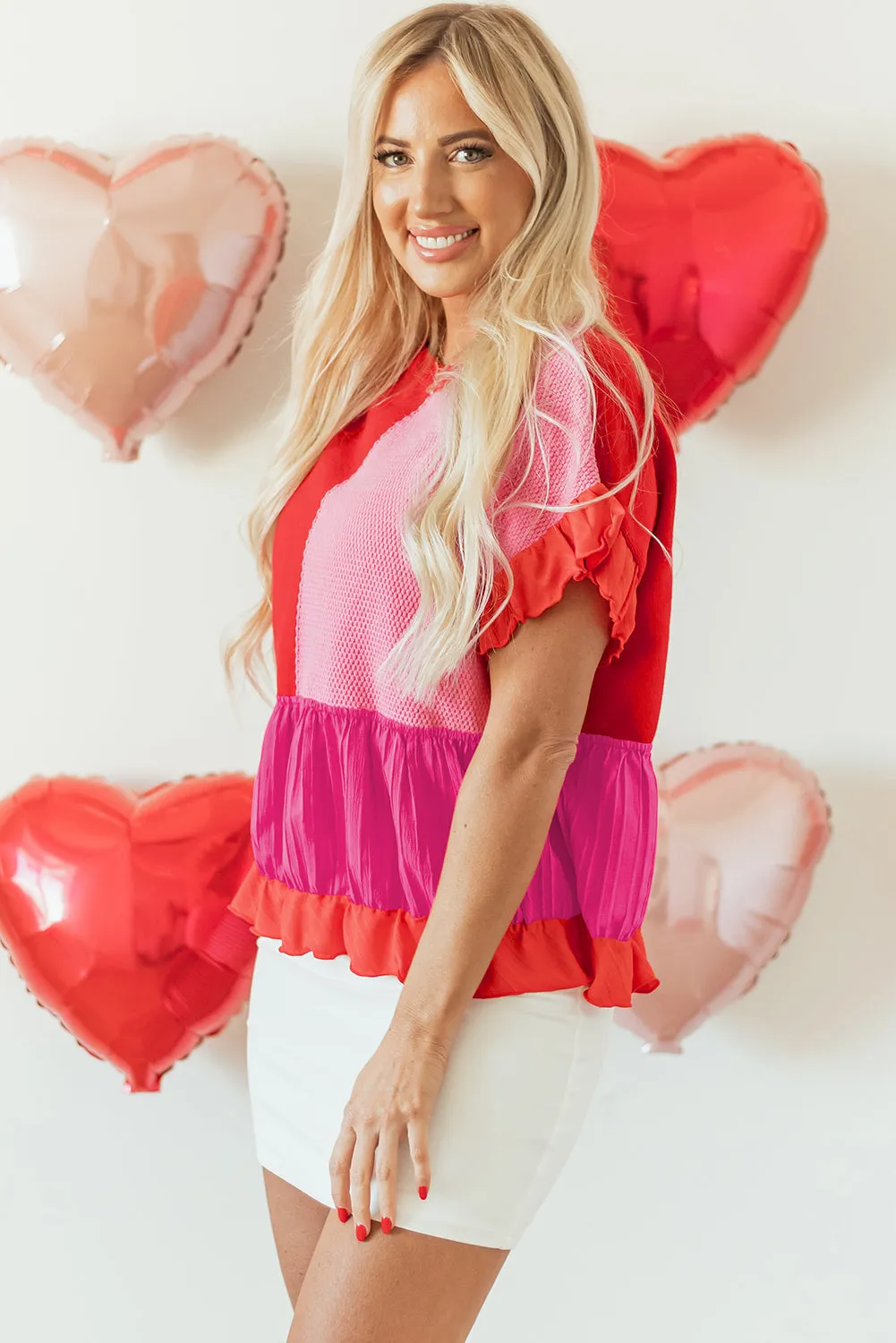 Tomato Red Mix Knitted Patchwork Ruffle Trim Loose Sweater sold by eAura product image thumbnail 3