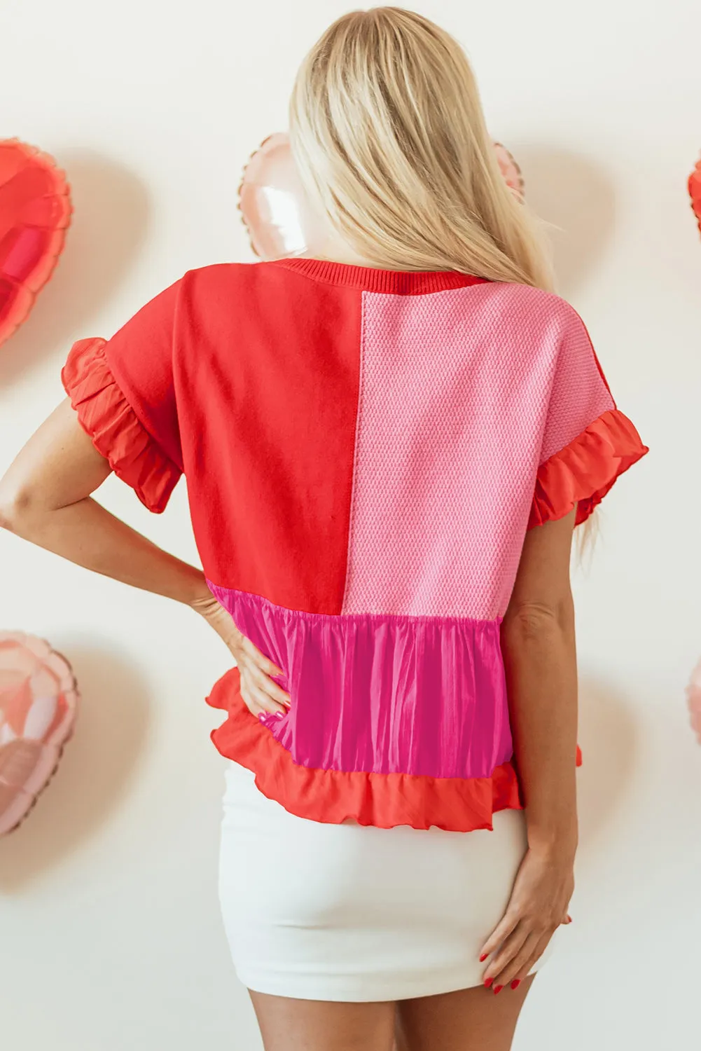 Tomato Red Mix Knitted Patchwork Ruffle Trim Loose Sweater sold by eAura product image thumbnail 2