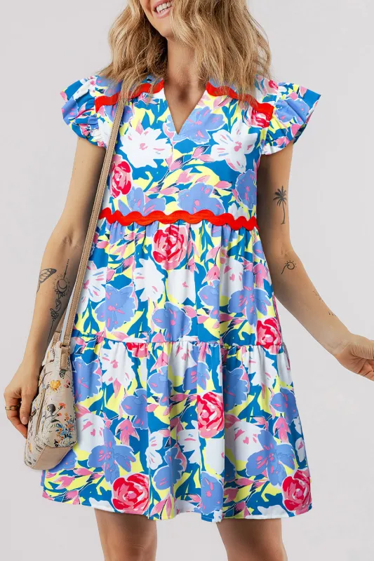 Pink Floral Printed V Notched Ric Rac Flutter Sleeve Dress sold by eAura