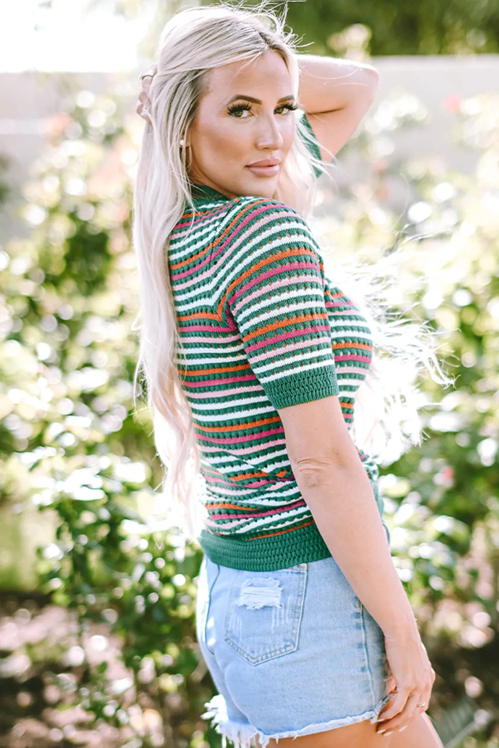 Dark Green Striped Pattern Contrast Trim Pointelle Knit T Shirt sold by eAura product image thumbnail 4