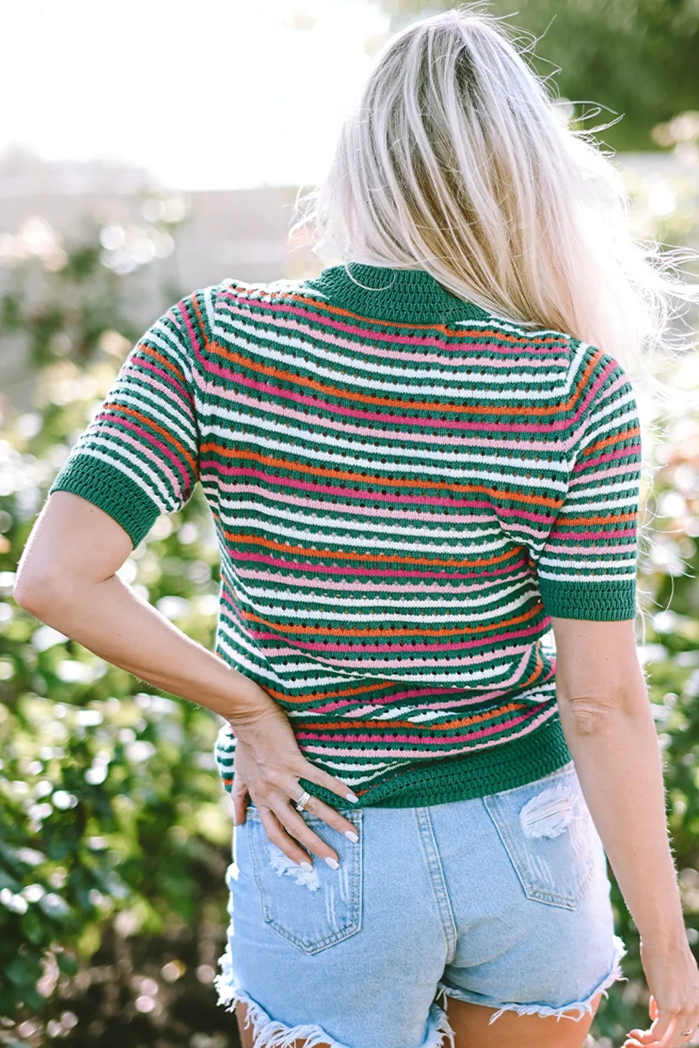 Dark Green Striped Pattern Contrast Trim Pointelle Knit T Shirt sold by eAura product image thumbnail 2