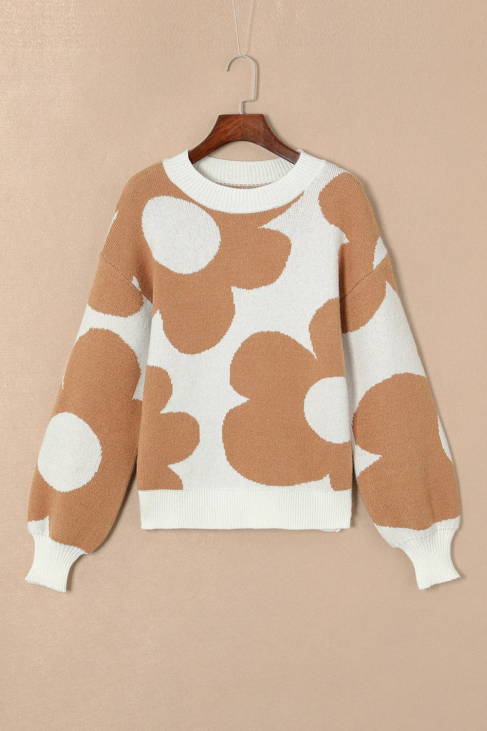 Khaki Big Flower Pattern Drop Shoulder Sweater sold by eAura product image thumbnail 5