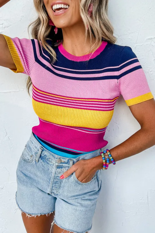 Pink Mixed Stripes Ribbed Knit Top sold by eAura