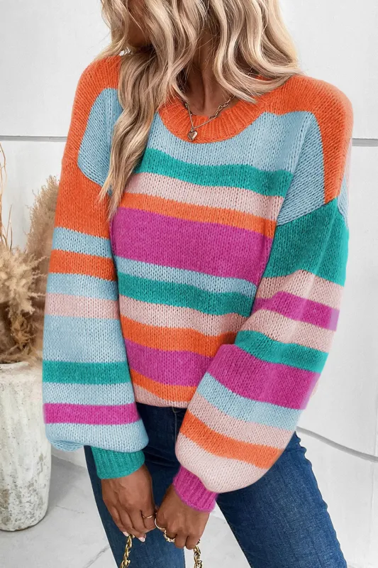 MultiColour Striped Knit Drop Shoulder Puff Sleeve Sweater sold by eAura