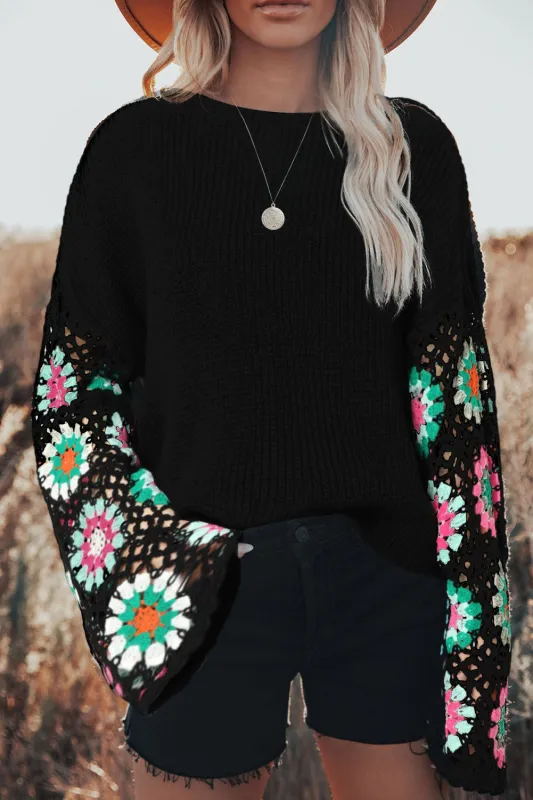 Black Floral Crochet Bell Sleeve Loose Sweater sold by eAura