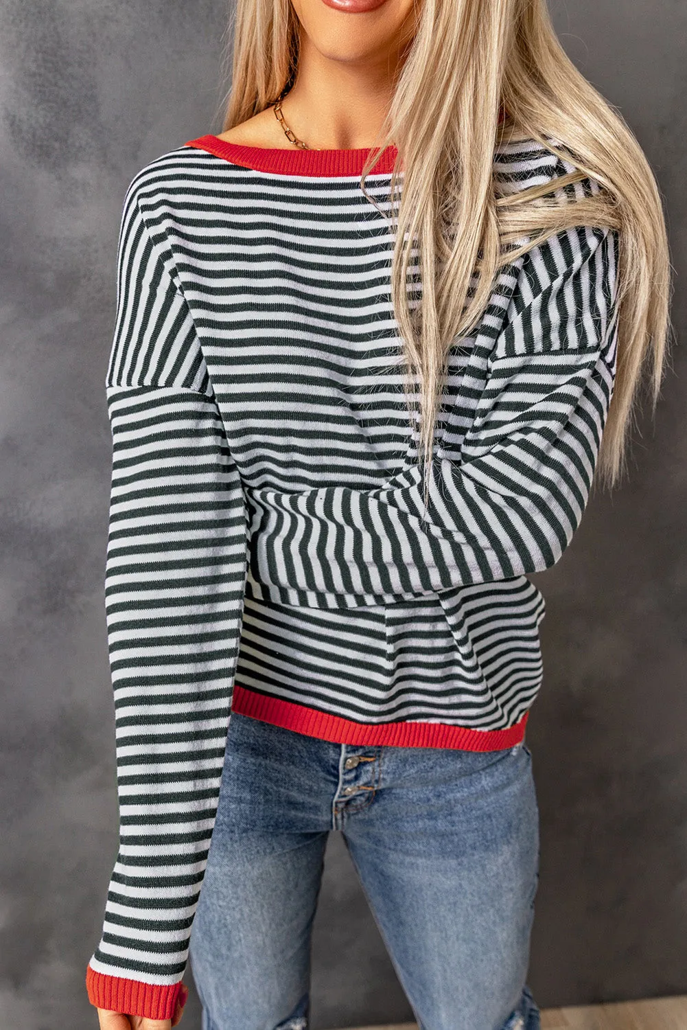Contrast Trimmed Striped Drop Shoulder Sweater sold by eAura product image thumbnail 3