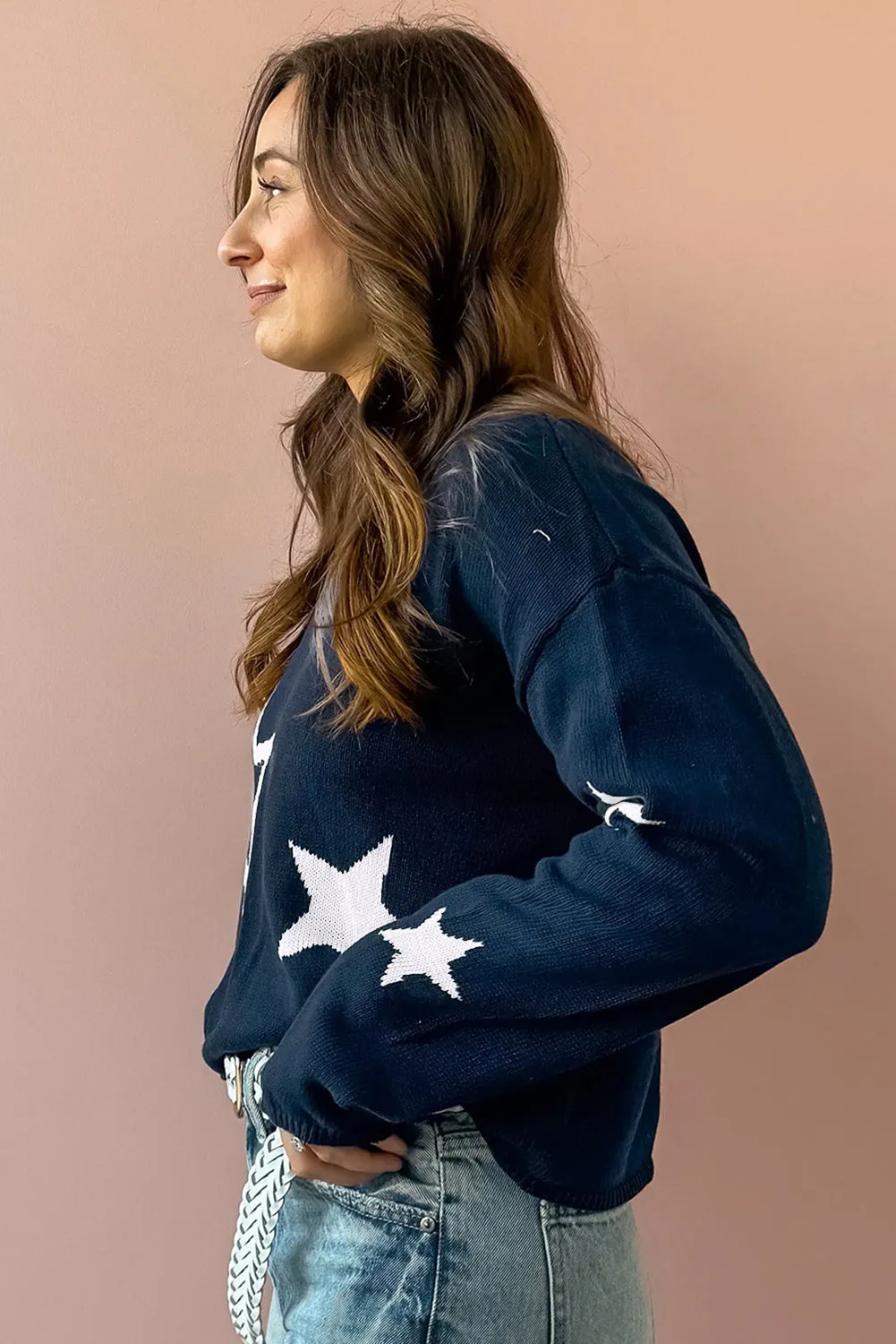 Sail Blue Star Pattern Drop Shoulder Knitted Sweater sold by eAura product image thumbnail 3
