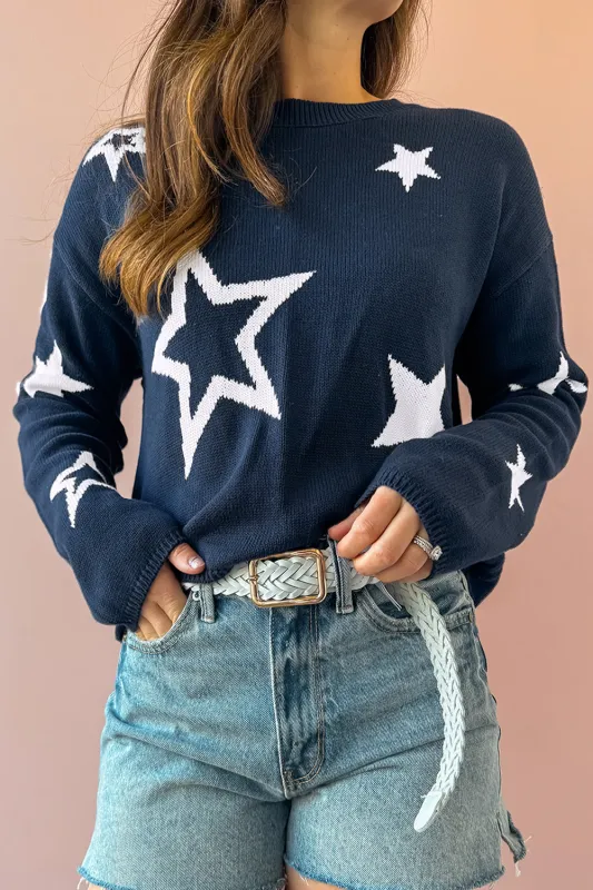 Sail Blue Star Pattern Drop Shoulder Knitted Sweater sold by eAura