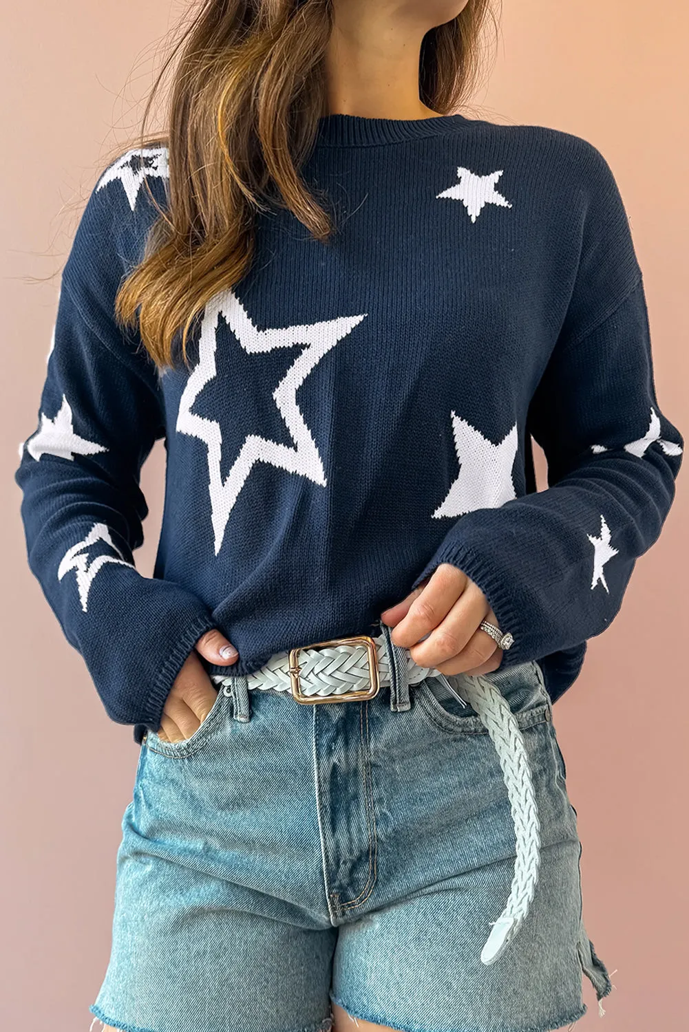 Sail Blue Star Pattern Drop Shoulder Knitted Sweater sold by eAura