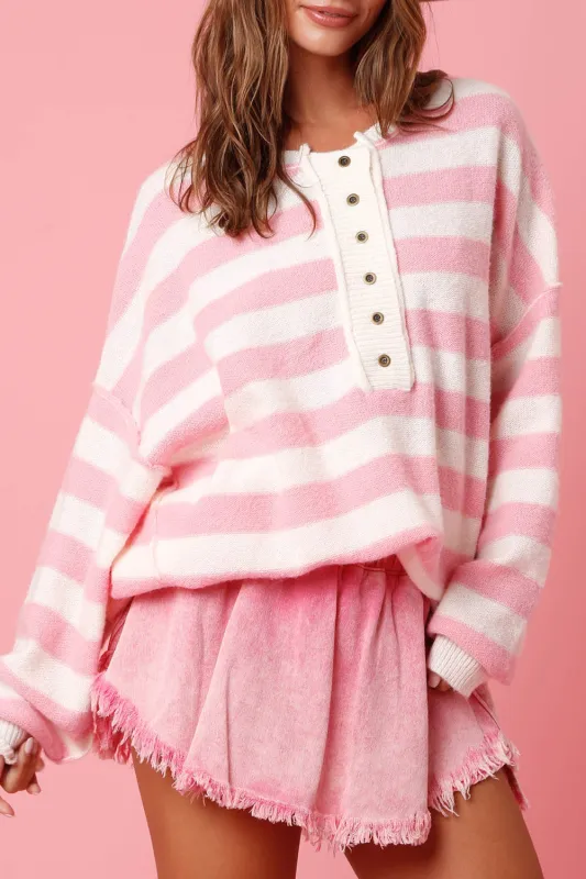 Pink Stripe Half Buttons Drop Shoulder Sweater sold by eAura