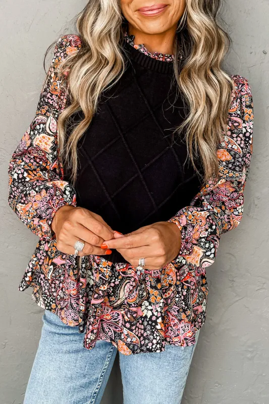 Black Contrast Floral Sleeve Peplum Sweater sold by eAura
