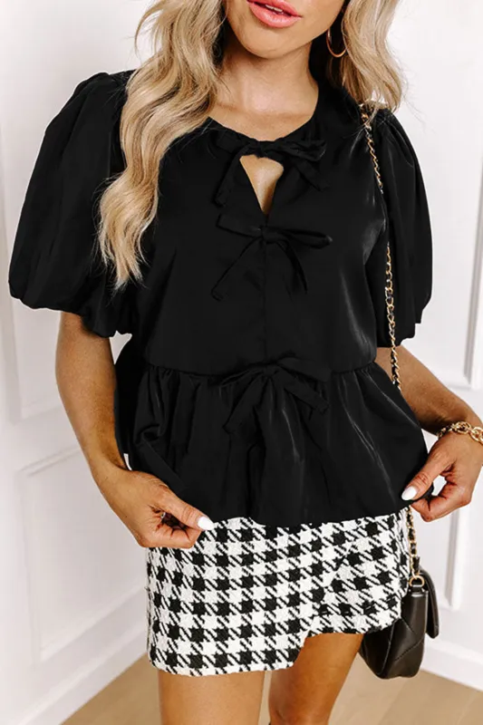Black Puff Sleeve Bowknot Front Peplum Blouse sold by eAura
