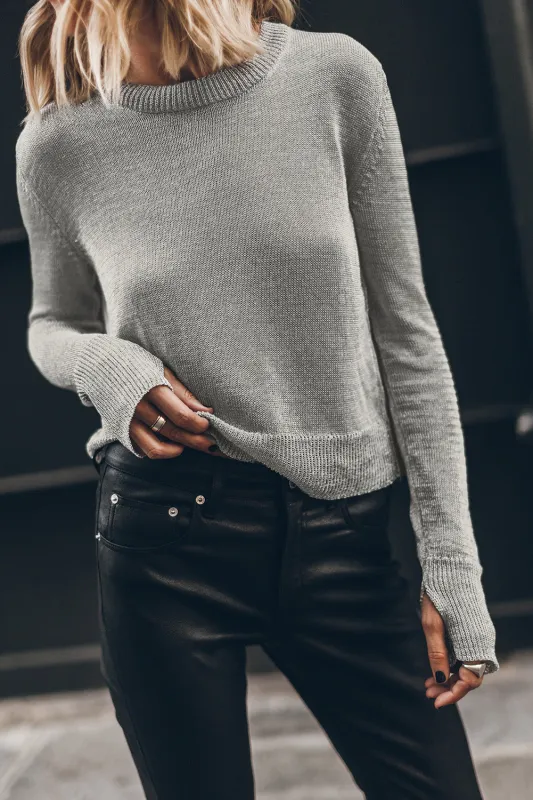 Grey Solid Colour Thumbhole Sleeve Ribbed Edge Sweater made by eAura