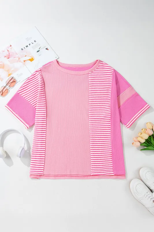 Pink Stripe Patchwork Colourblock Plus Size T Shirt sold by eAura