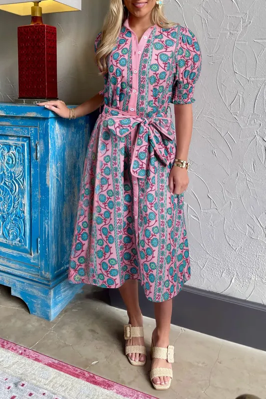Pink Floral Shirred Puff Sleeve Buttoned Front Midi Dress with Sash sold by eAura