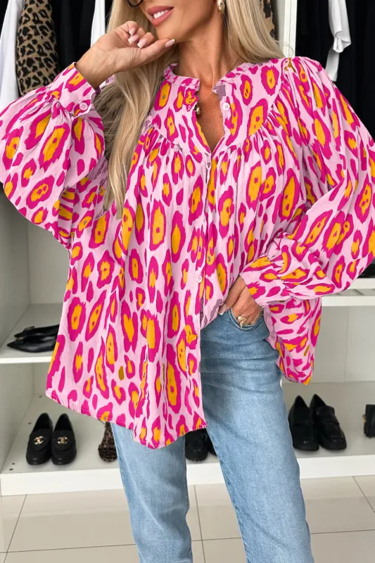 Rose Red Oversized Leopard Print Balloon Sleeve Casual Shirt sold by eAura