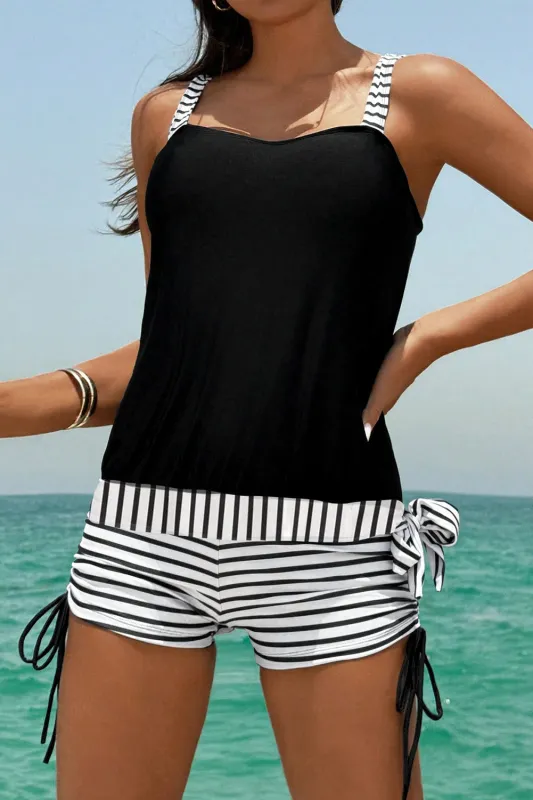 Black Striped Patchwork Side Drawstring Bottoms Tankini Set sold by eAura