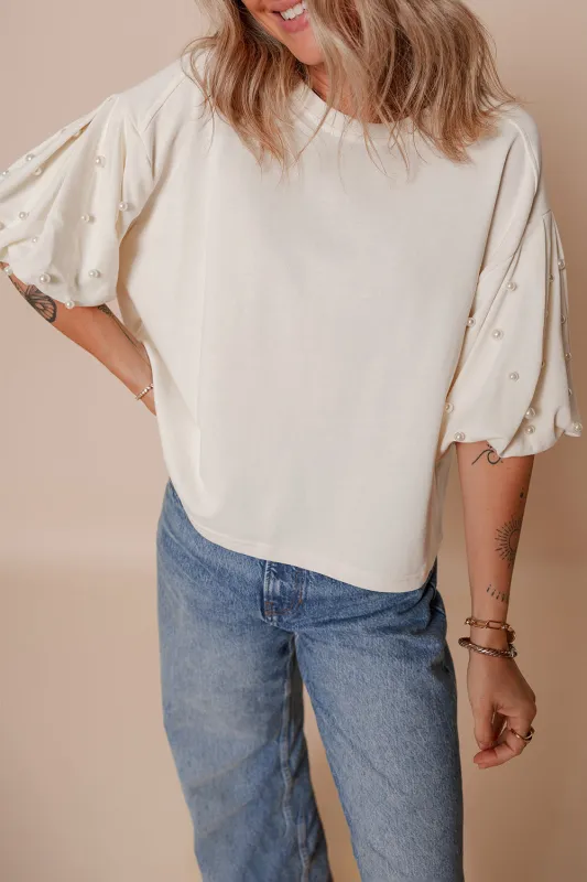 White Pearled Puff Sleeve Round Neck Loose Top sold by eAura