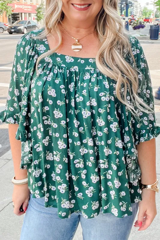 Green Floral Print Square Neck Ruffled Trim Plus Size Blouse sold by eAura