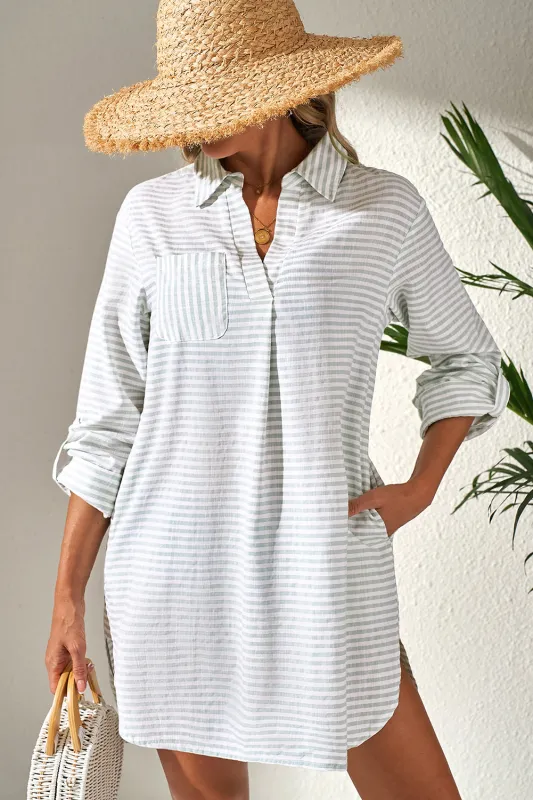 White Stripe Collared V Neck Chest Pocket Long Sleeve Beach Cover up sold by eAura