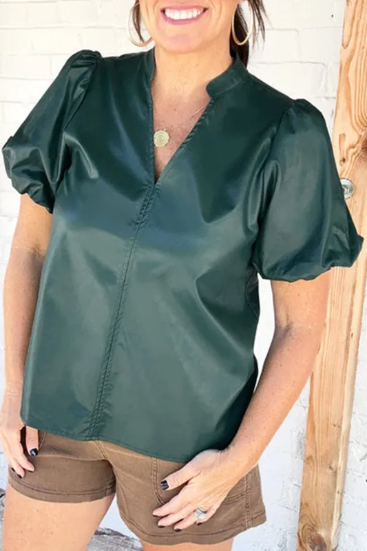 Sea Green Notched V Neck Short Puff Sleeve PU Leather Blouse sold by eAura