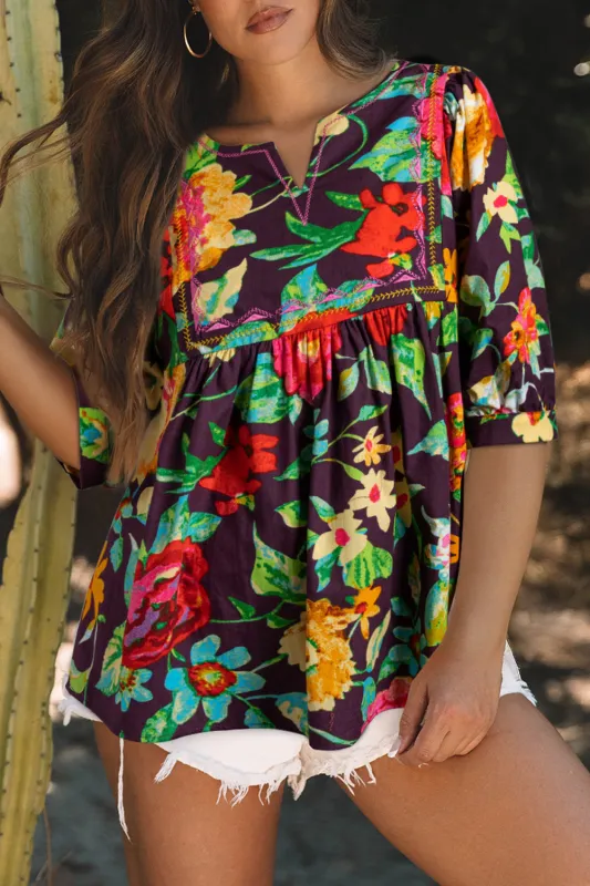 Greyish Purple Rose Flower Embroidered Trim Half Sleeve Blouse made by eAura
