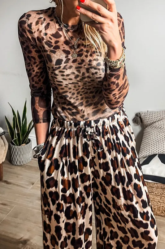 Brown Leopard Round Neck Long Sleeve Slim Top sold by eAura