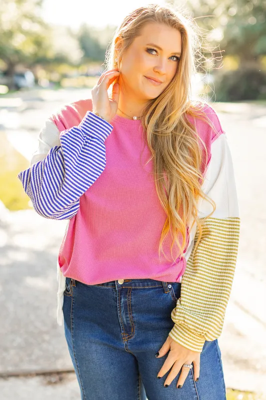 Rose Red Colourblock Patchwork Striped Puff Sleeve Plus Size Top with Slits sold by eAura