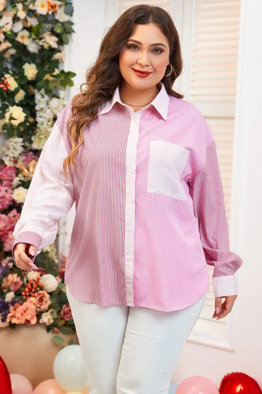 Pink Stripe Print Colourblock Plus Size Shirt sold by eAura