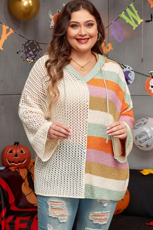 Beige Pointelle Knit Colourblock Patchwork V Neck Hooded Plus Sweater sold by eAura