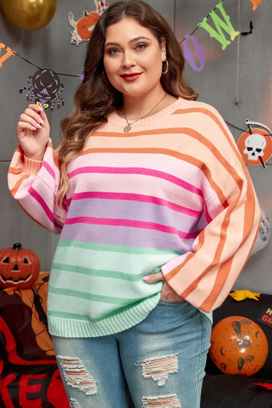 Pink Stripe Colour Block Balloon Sleeve Crewneck Plus Size Sweater sold by eAura