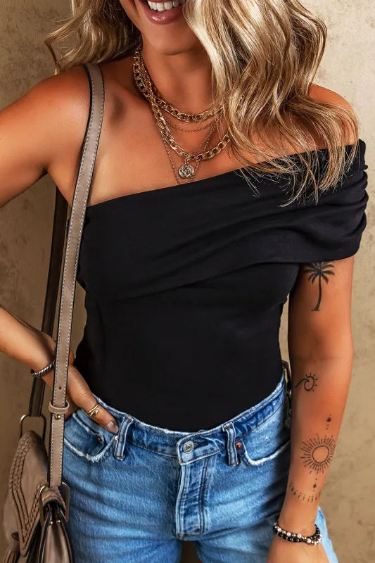 Black Solid Colour Pleated One Shoulder Bodysuit sold by eAura