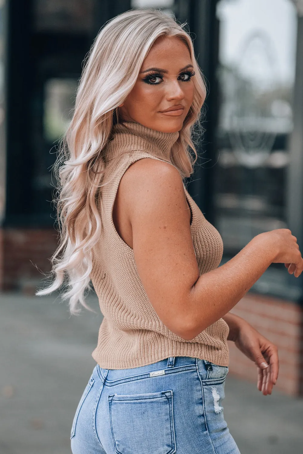 Oatmeal Solid Colour Turtleneck Knit Tank Top sold by eAura product image thumbnail 3