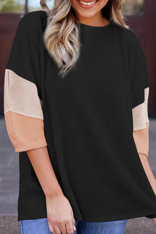 Light Pink Colour Block Ribbed Knit Quarter Sleeve Top sold by eAura