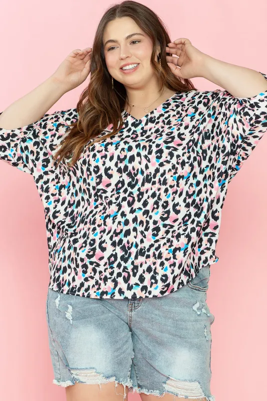 Brown Leopard Print V Neck Batwing Sleeve Plus Size Top sold by eAura